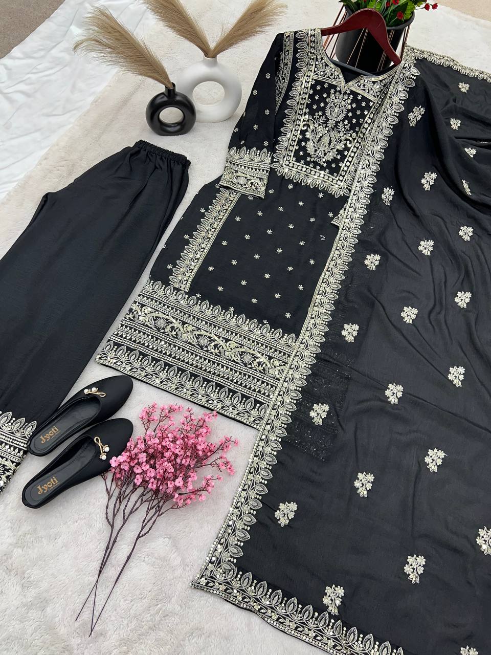 Graceful Embroidery Work Black Color Palazzo Suit