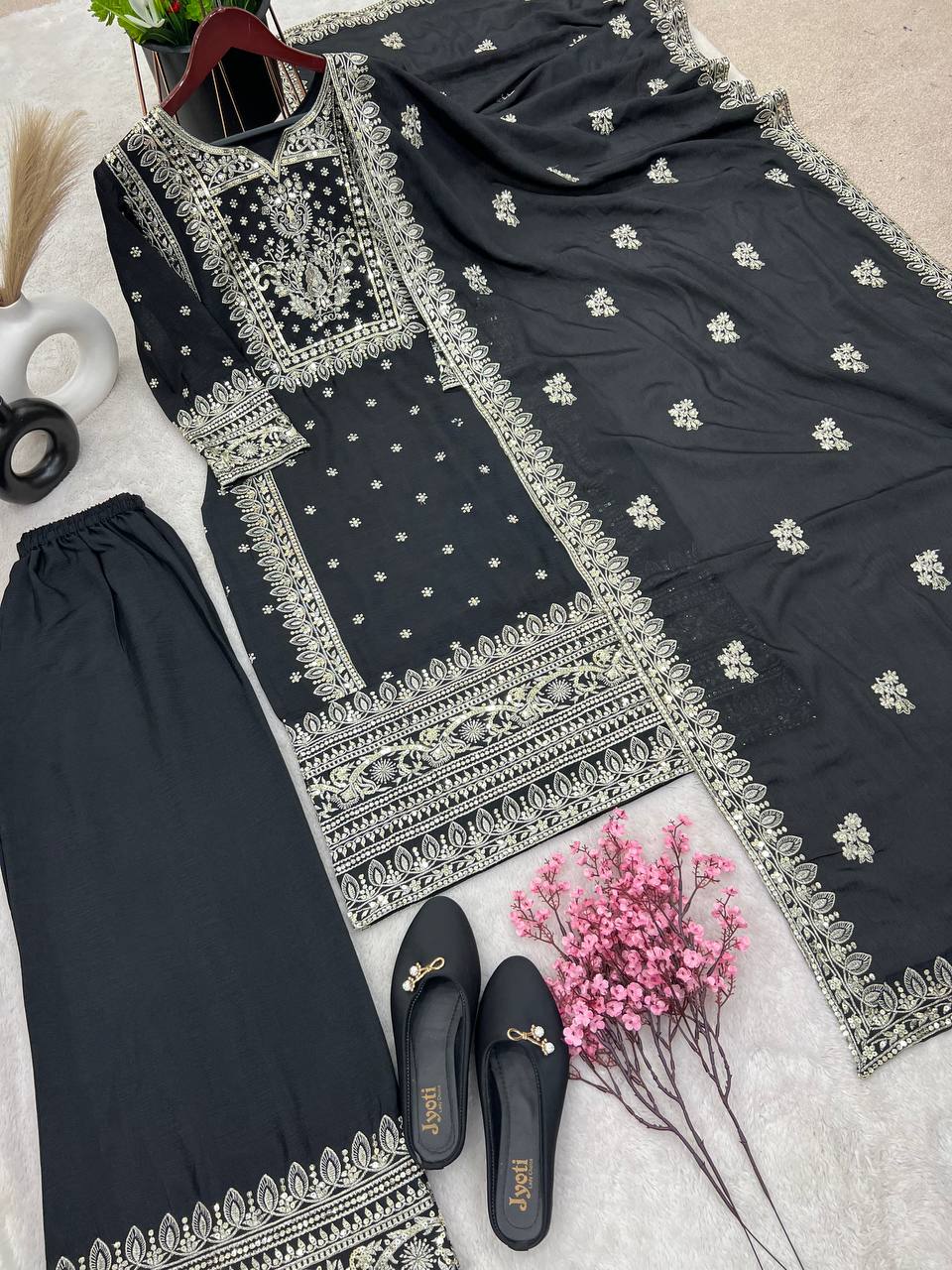 Graceful Embroidery Work Black Color Palazzo Suit