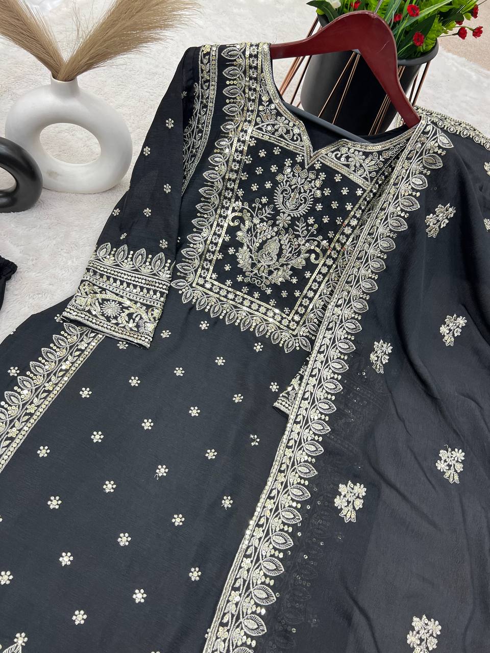 Graceful Embroidery Work Black Color Palazzo Suit