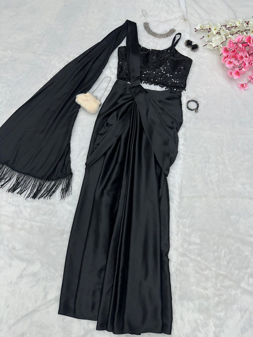 Fancy Ready To Wear Black Color Western Saree