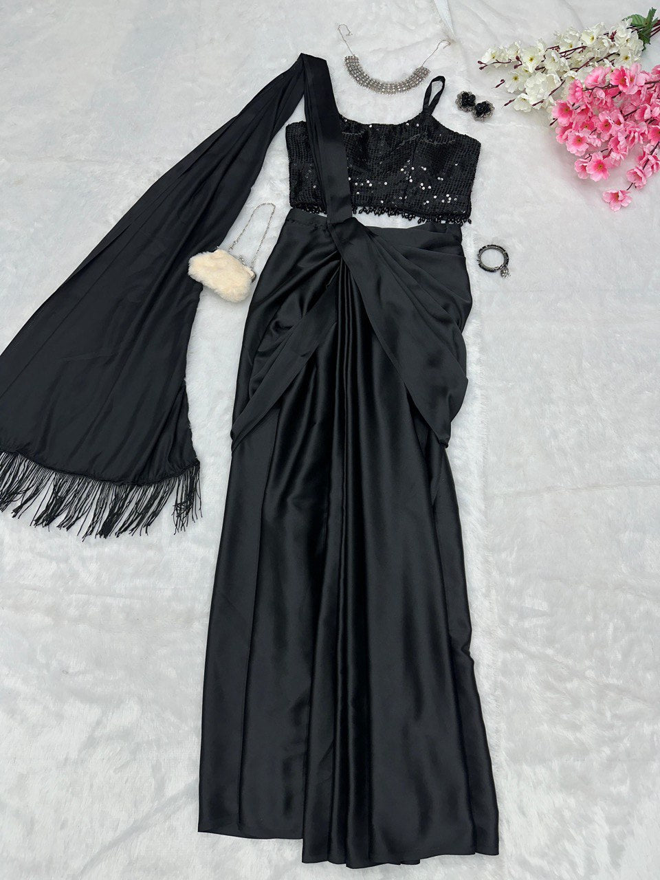 Fancy Ready To Wear Black Color Western Saree