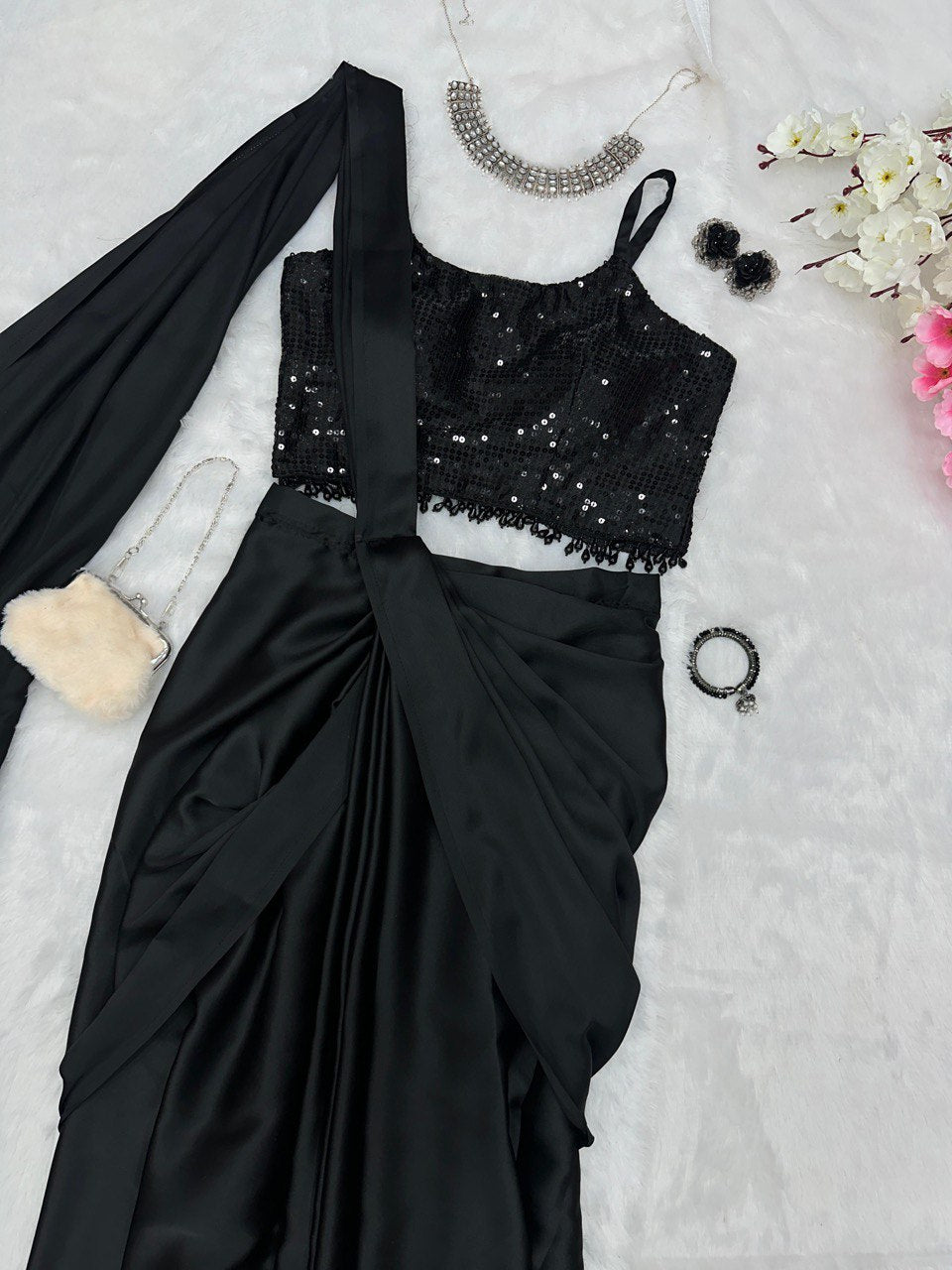 Fancy Ready To Wear Black Color Western Saree