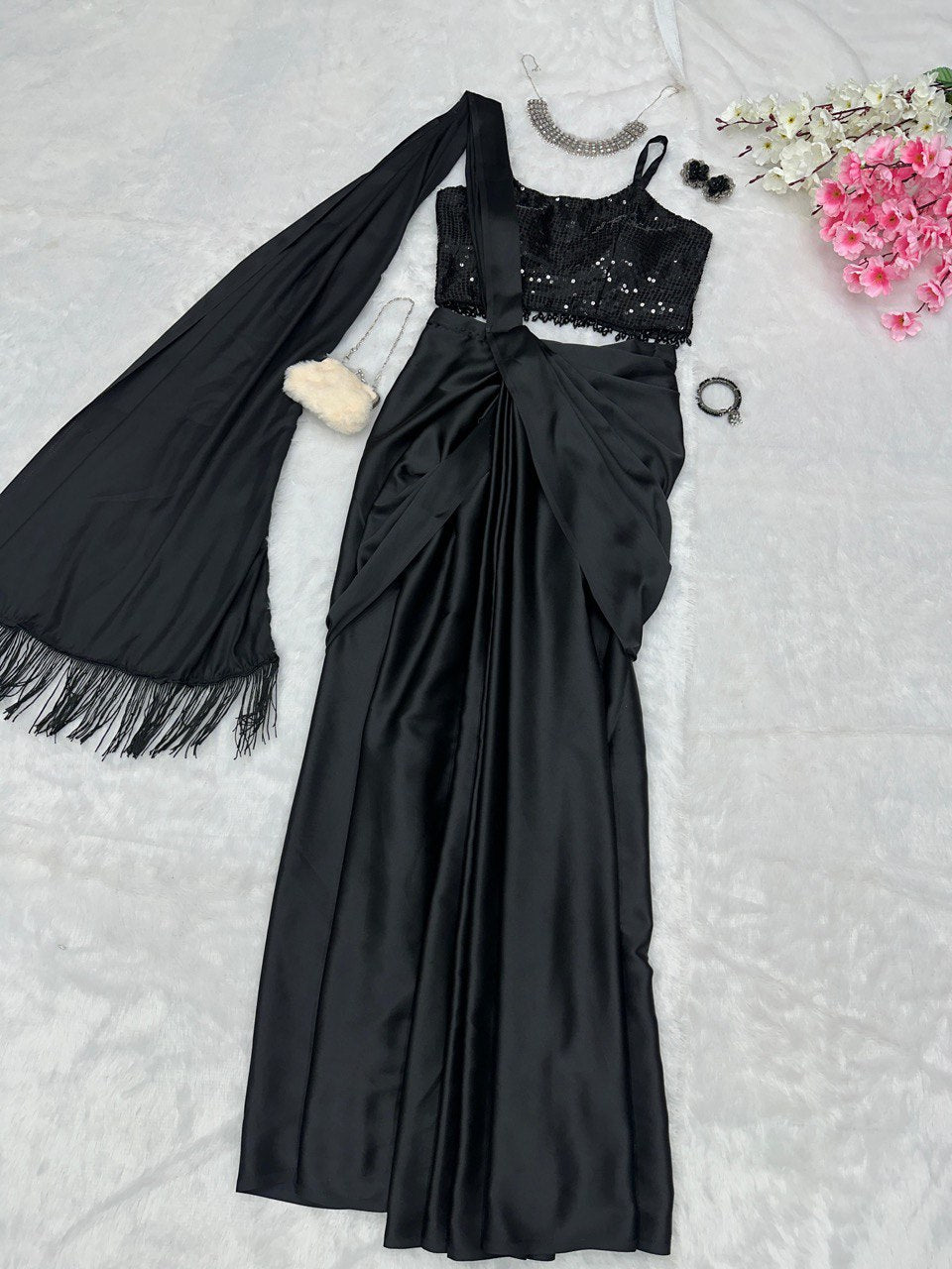 Fancy Ready To Wear Black Color Western Saree