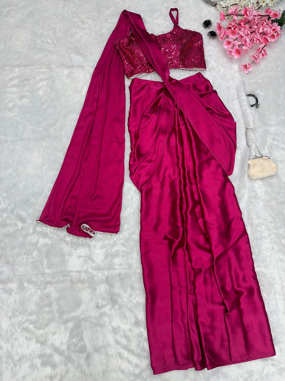 Fancy Ready To Wear Dark Pink Color Western Saree