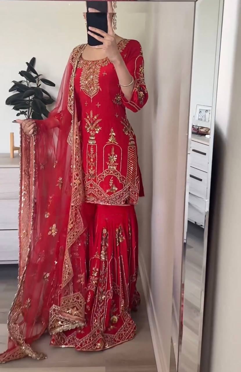 Marvelous Embroidery Work Red Color Sharara Suit