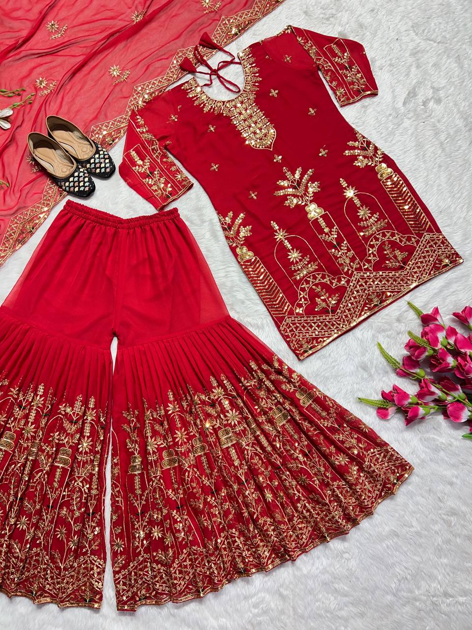 Marvelous Embroidery Work Red Color Sharara Suit