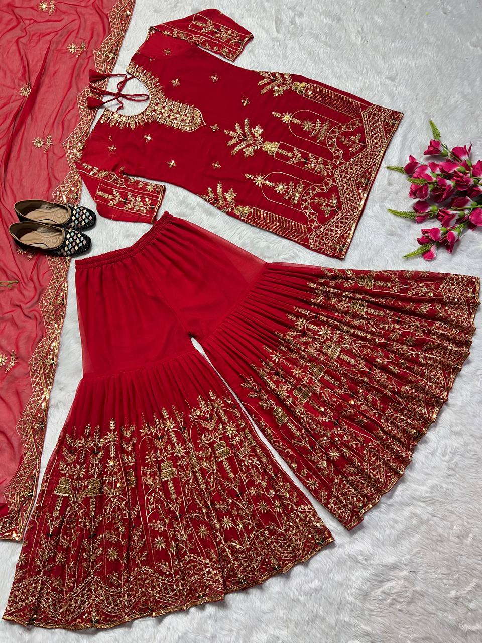 Marvelous Embroidery Work Red Color Sharara Suit