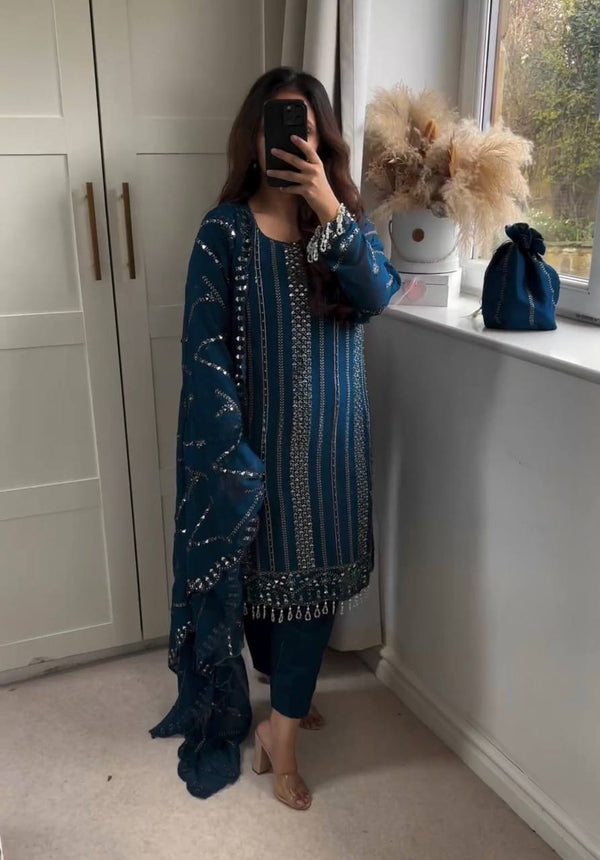 Fabulous Embroidery Sequence Teal Blue Color Salwar Suit