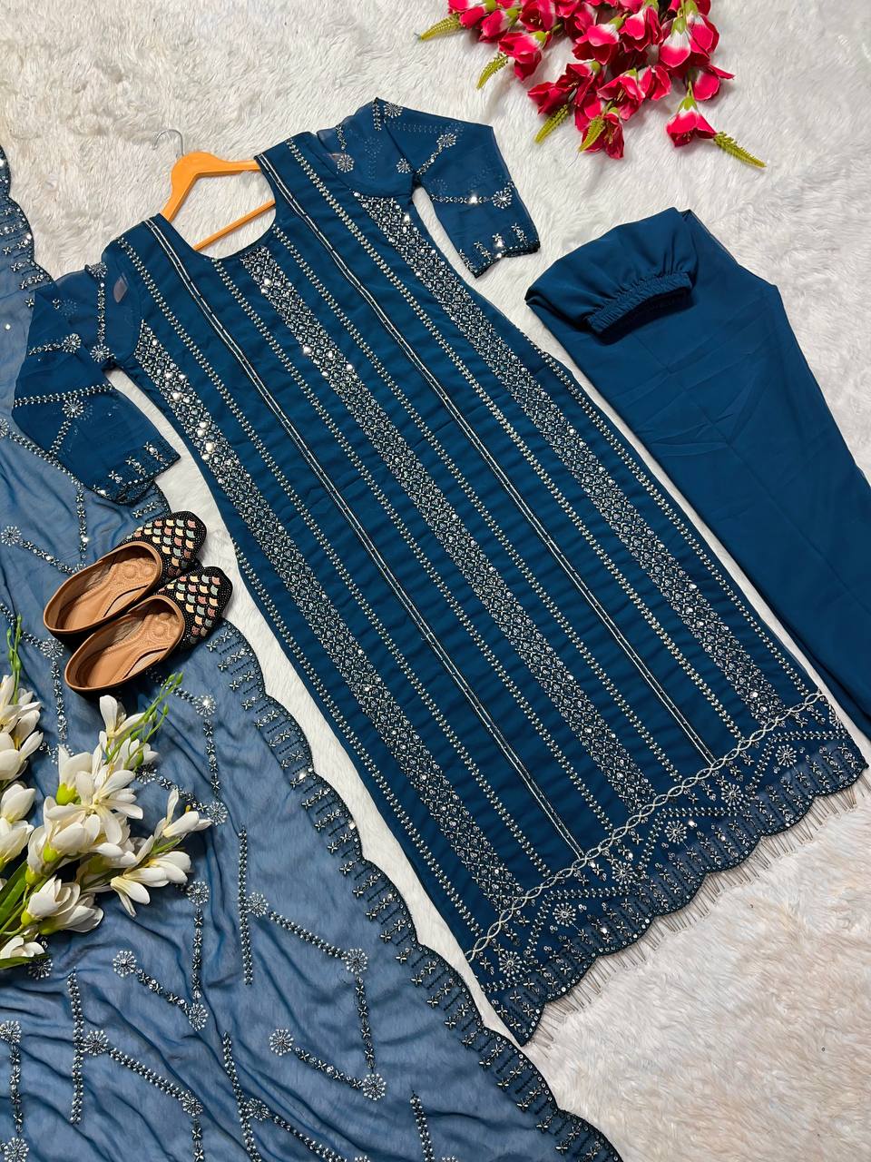 Fabulous Embroidery Sequence Teal Blue Color Salwar Suit