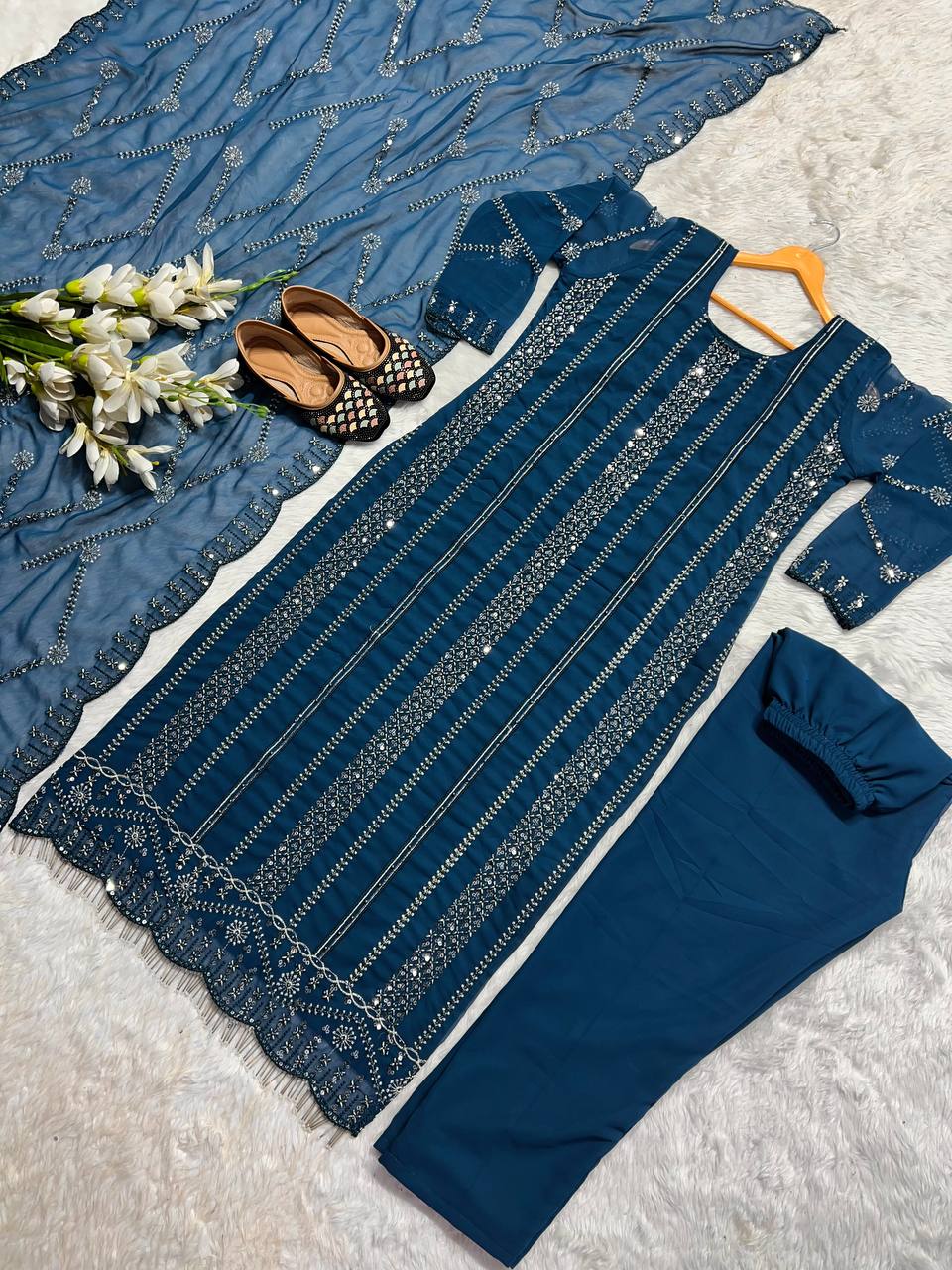 Fabulous Embroidery Sequence Teal Blue Color Salwar Suit
