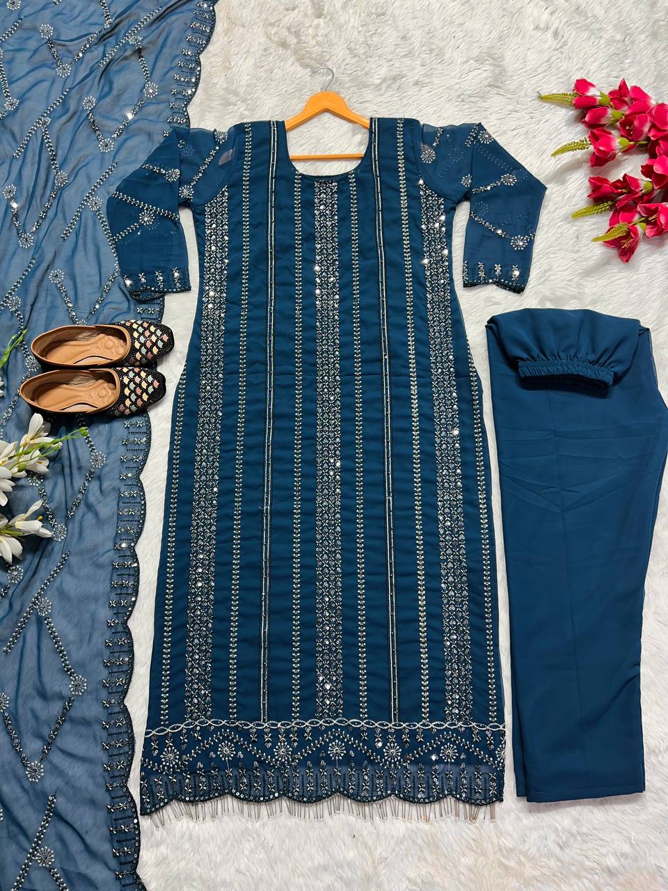 Fabulous Embroidery Sequence Teal Blue Color Salwar Suit