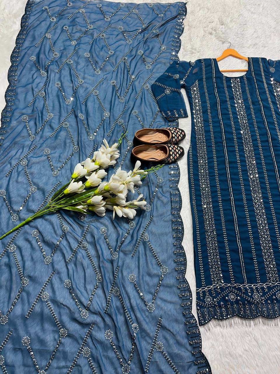 Fabulous Embroidery Sequence Teal Blue Color Salwar Suit