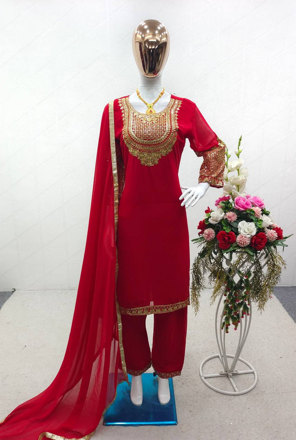 Imposing Red Color Embroidery Work Salwar Suit