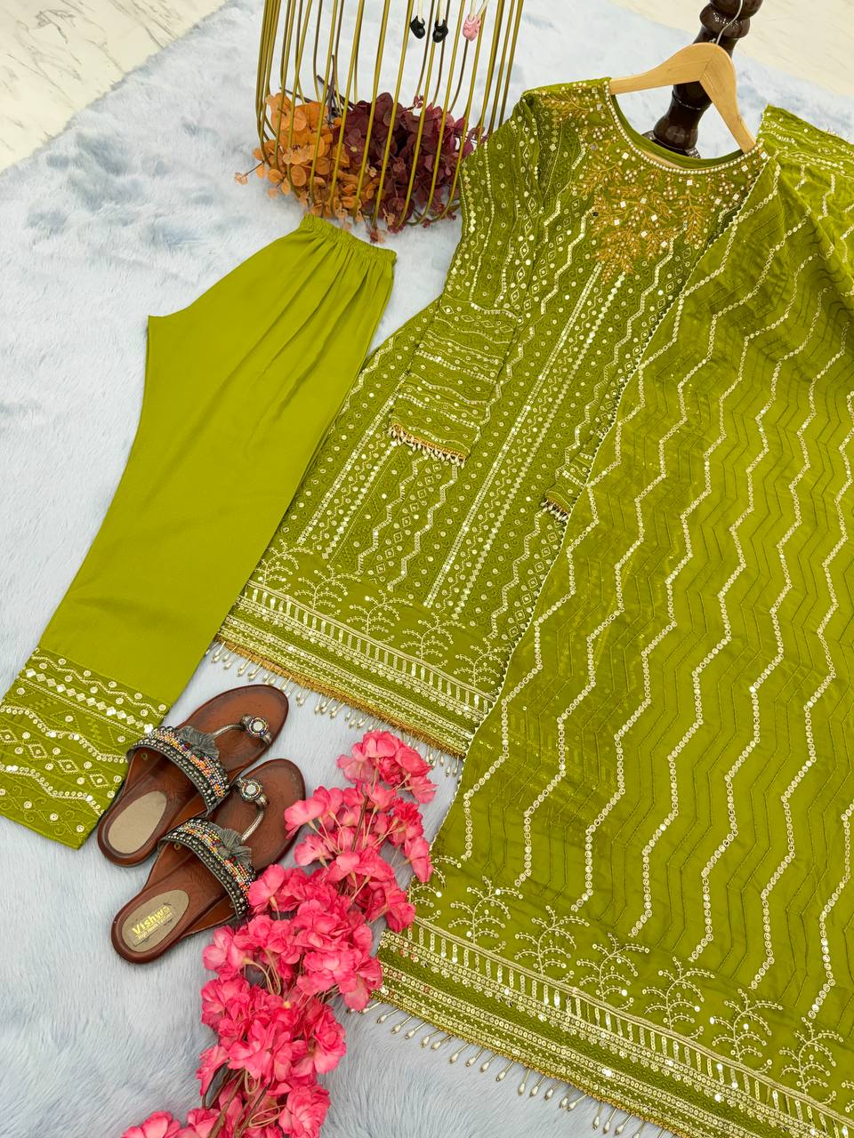 Opulent Parrot Green Color Sequence Work Salwar Suit