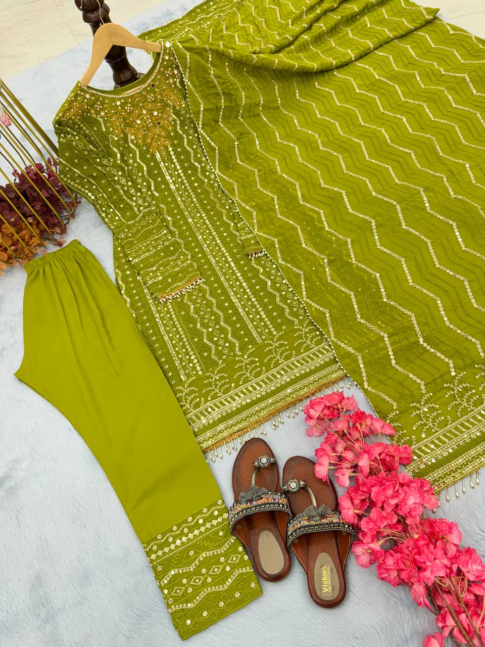 Opulent Parrot Green Color Sequence Work Salwar Suit