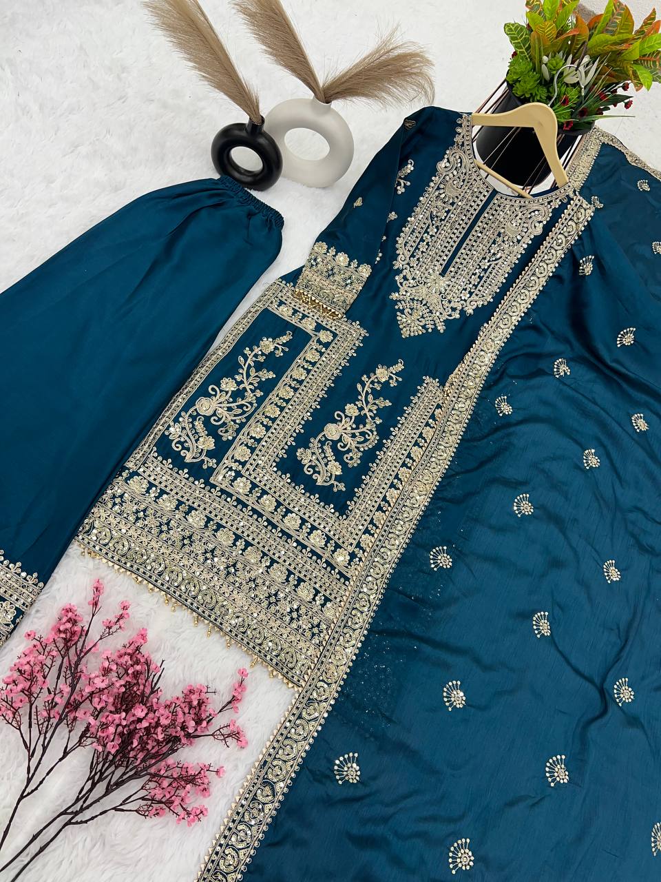 Awesome Teal Blue Color Embroidery Work Palazzo Suit