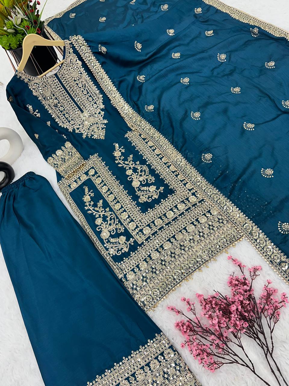 Awesome Teal Blue Color Embroidery Work Palazzo Suit