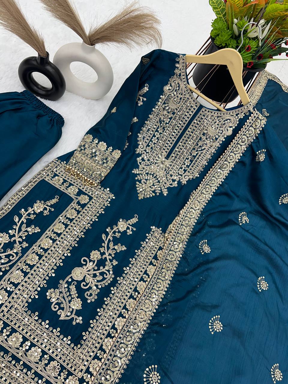 Awesome Teal Blue Color Embroidery Work Palazzo Suit