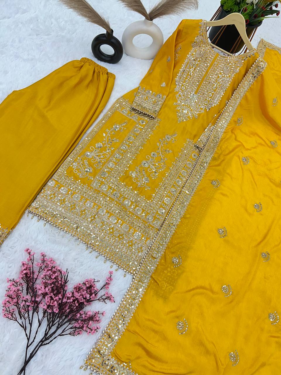 Awesome Mustard Color Embroidery Work Palazzo Suit