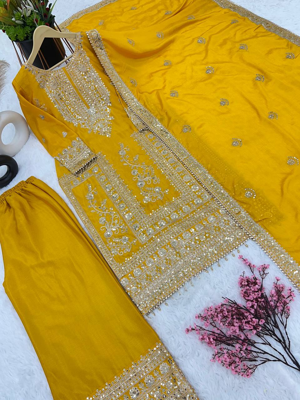 Awesome Mustard Color Embroidery Work Palazzo Suit