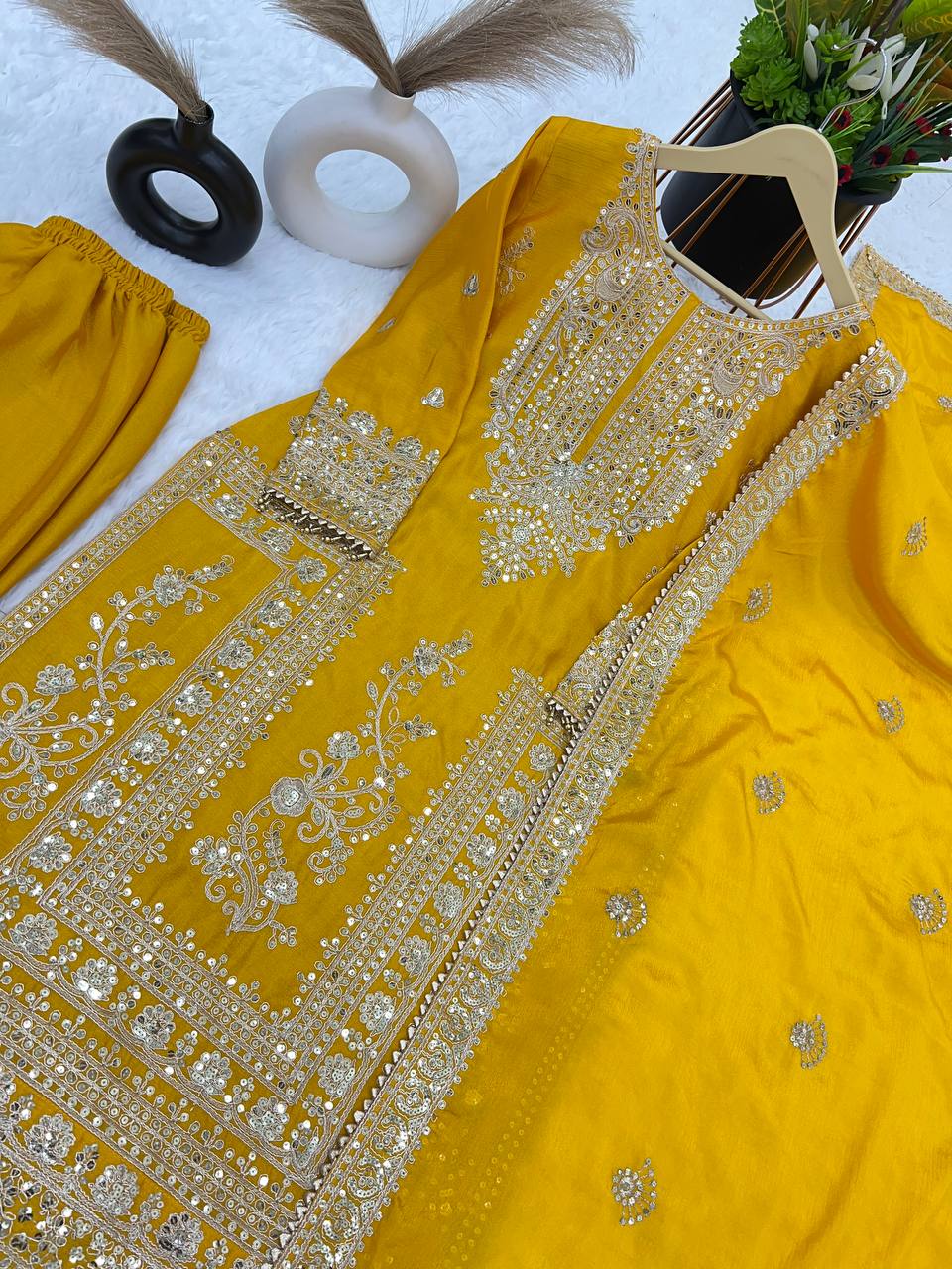 Awesome Mustard Color Embroidery Work Palazzo Suit