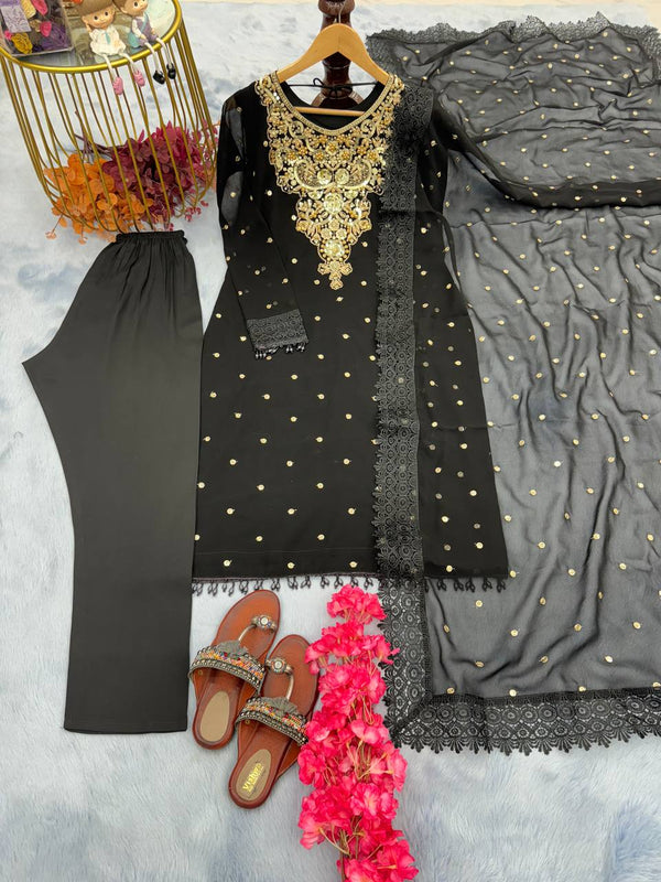 Opulent Sequence Embroidery Work Black Color Salwar Suit