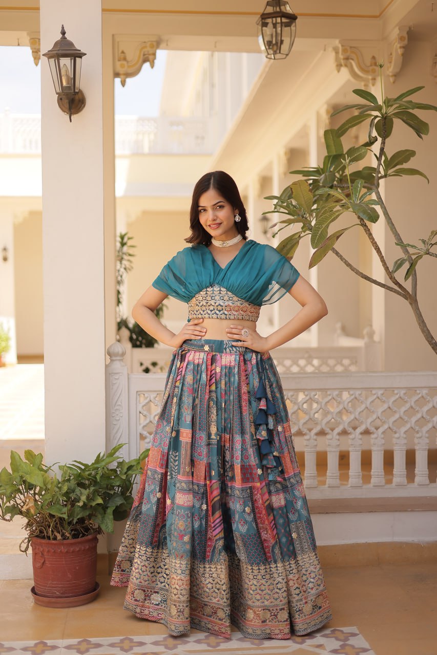 Stylish Digital Print Sky Blue Lehenga With Crop Top – Vastra Shop