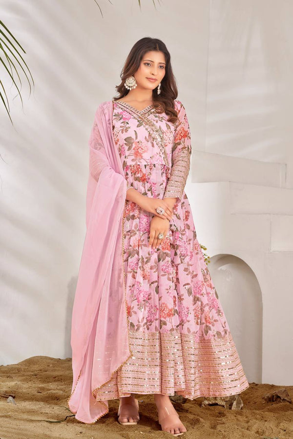 Stylish Light Pink Color Embroidery Sequence Work Gown