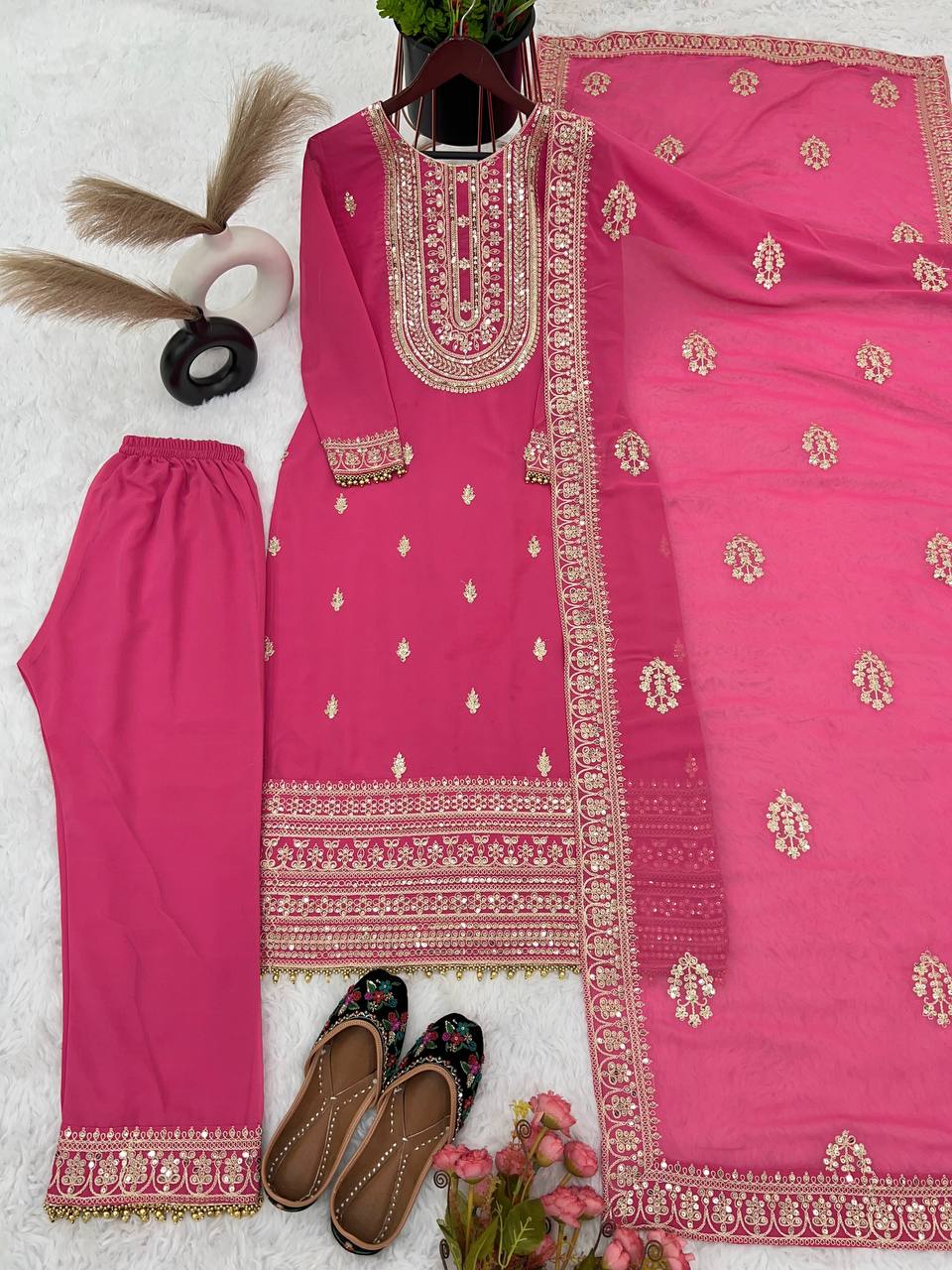 Admiring Pink Color Sequence Embroidery Work Palazzo Suit