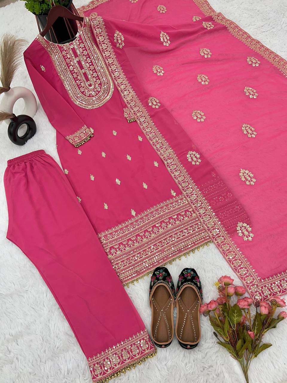 Admiring Pink Color Sequence Embroidery Work Palazzo Suit