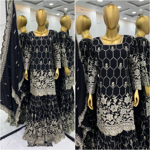 Stylish Black Color Embroidery Mirror Work Sharara Suit