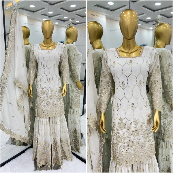 Stylish White Color Embroidery Mirror Work Sharara Suit