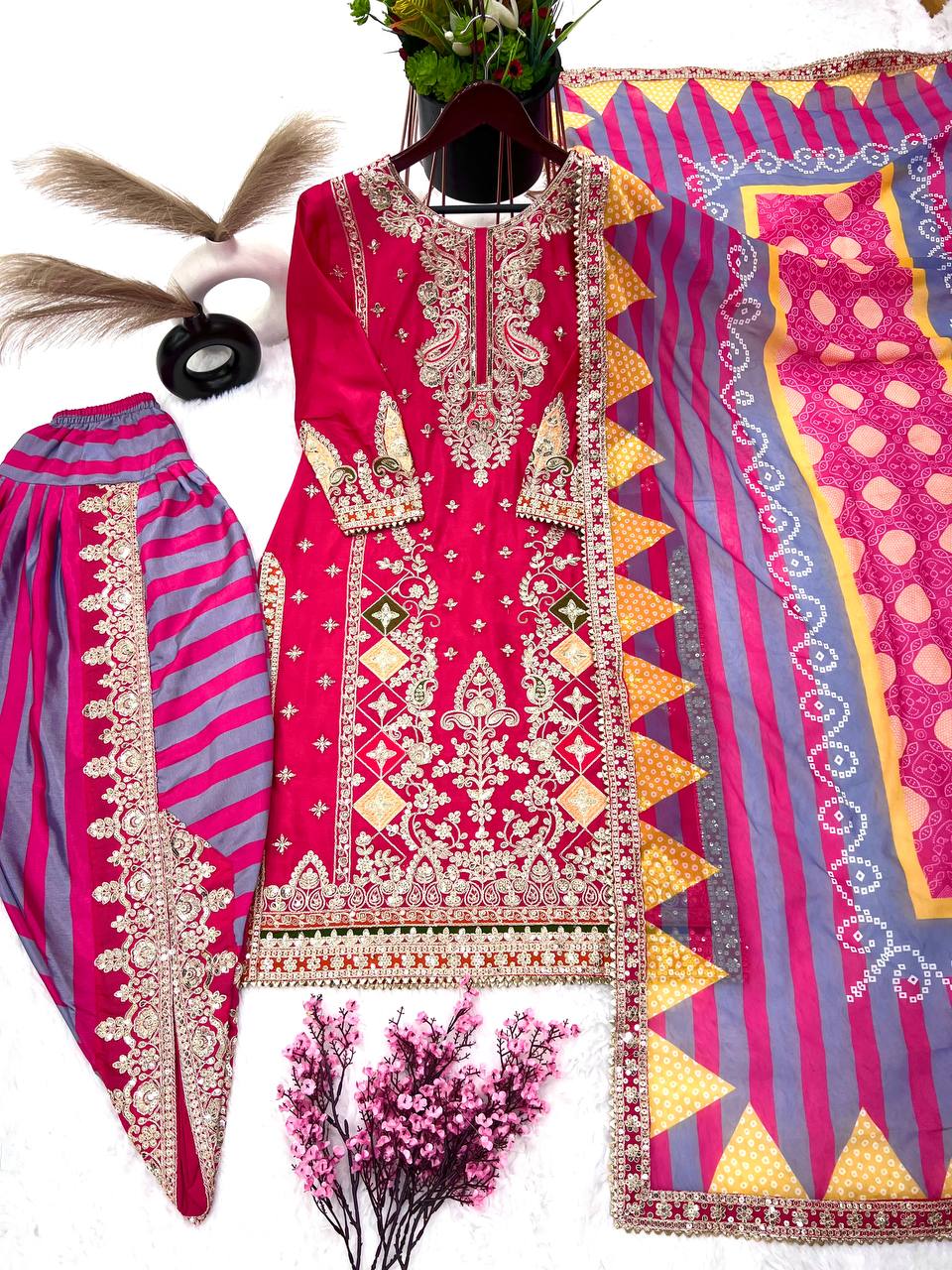 Multi Thread Work Pink Kurti With Printed Dhoti Set