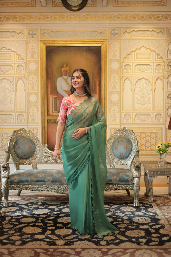 Captivating Cut Work Border Aqua Green Color Saree