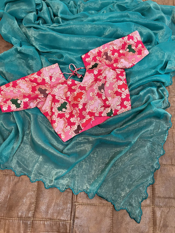 Captivating Cut Work Border Sky Blue Color Saree