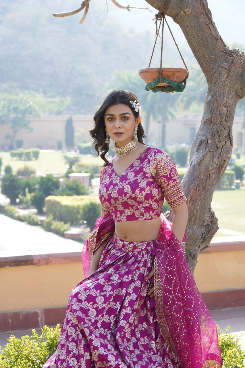 Flattering Pink Color Jacquard Embroidered Lehenga Choli