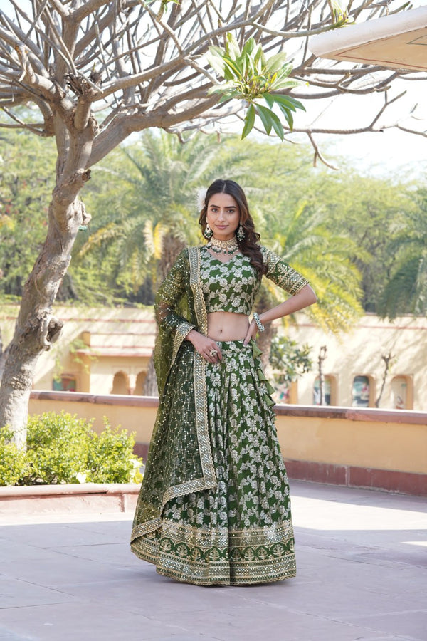 Flattering Green Color Jacquard Embroidered Lehenga Choli