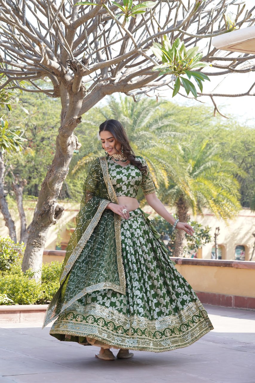 Flattering Green Color Jacquard Embroidered Lehenga Choli