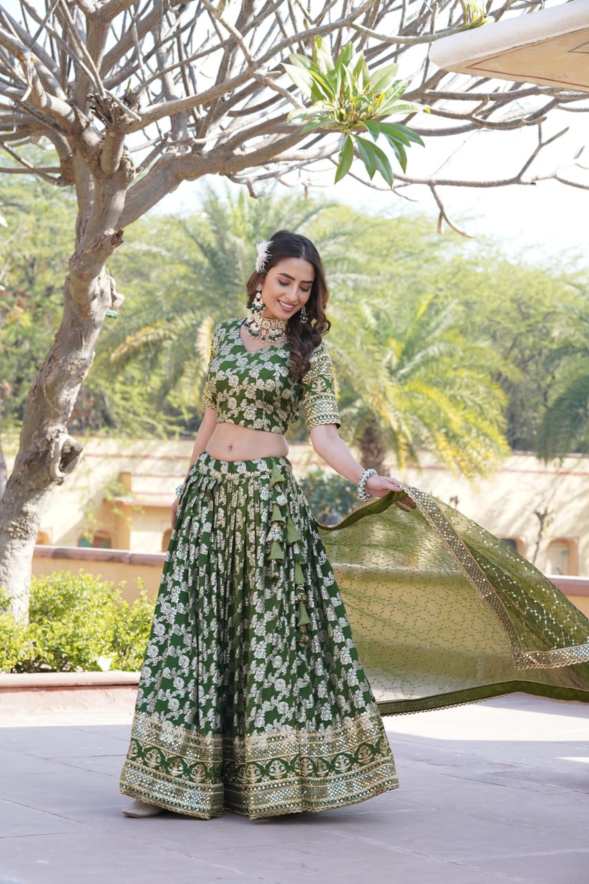 Flattering Green Color Jacquard Embroidered Lehenga Choli