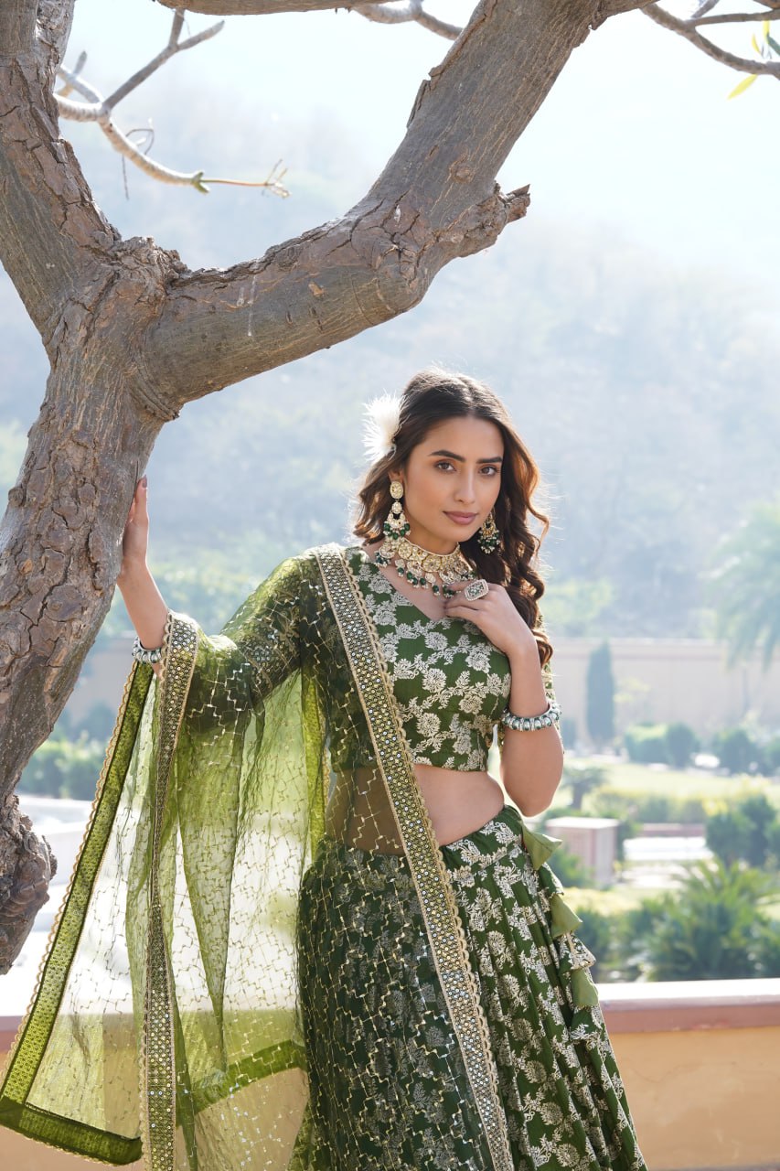 Flattering Green Color Jacquard Embroidered Lehenga Choli