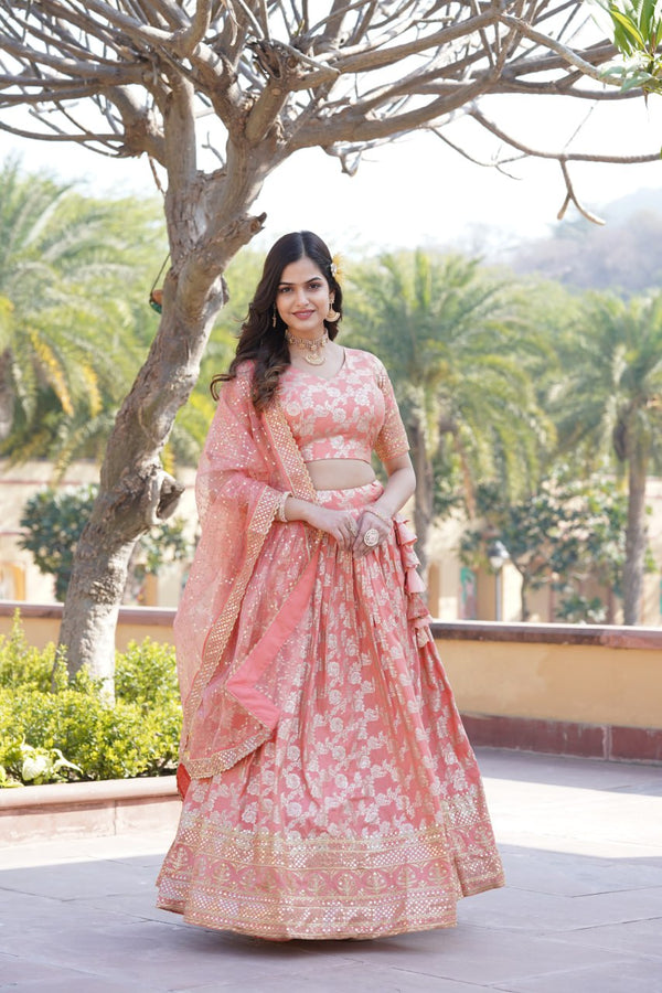 Flattering Peach Color Jacquard Embroidered Lehenga Choli