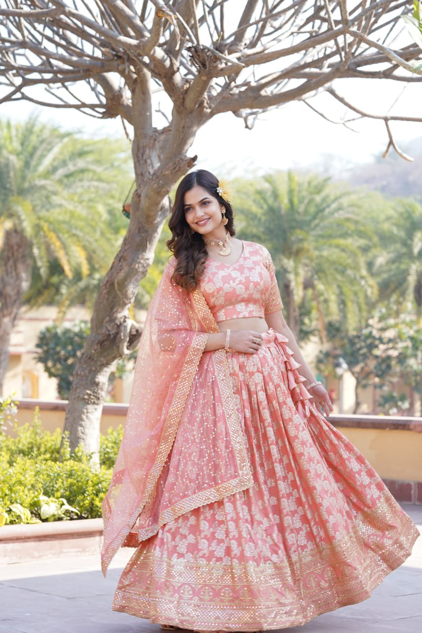 Flattering Peach Color Jacquard Embroidered Lehenga Choli