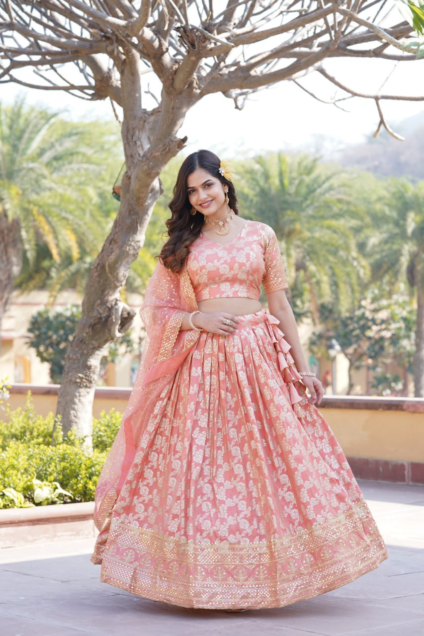 Flattering Peach Color Jacquard Embroidered Lehenga Choli