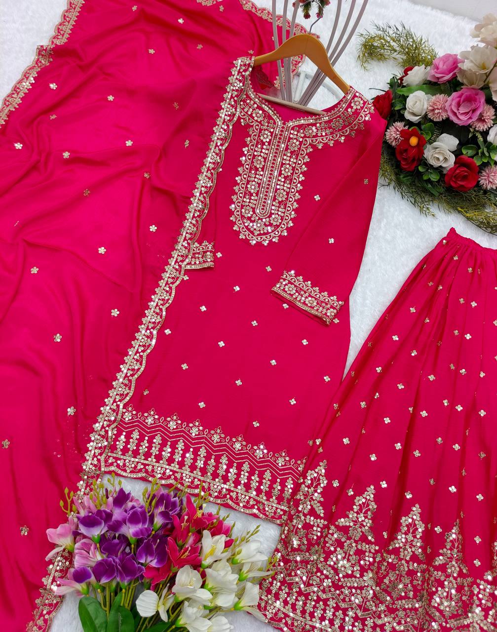 Stunning Embroidery Work Pink Color Sharara Suit