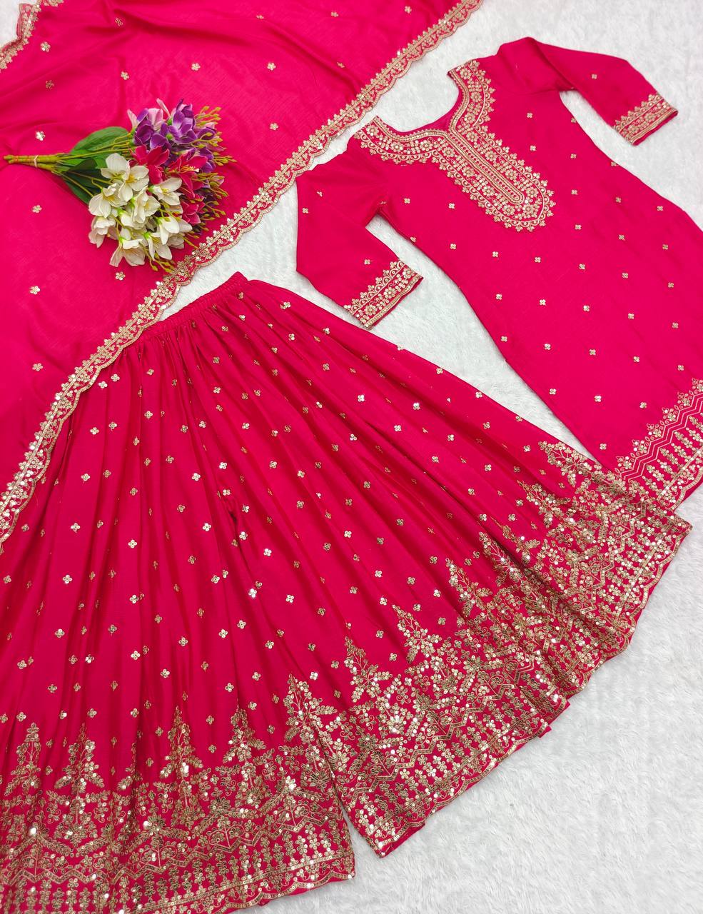 Stunning Embroidery Work Pink Color Sharara Suit