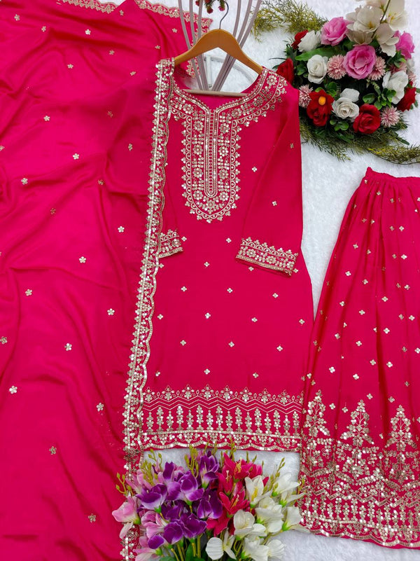 Stunning Embroidery Work Pink Color Sharara Suit