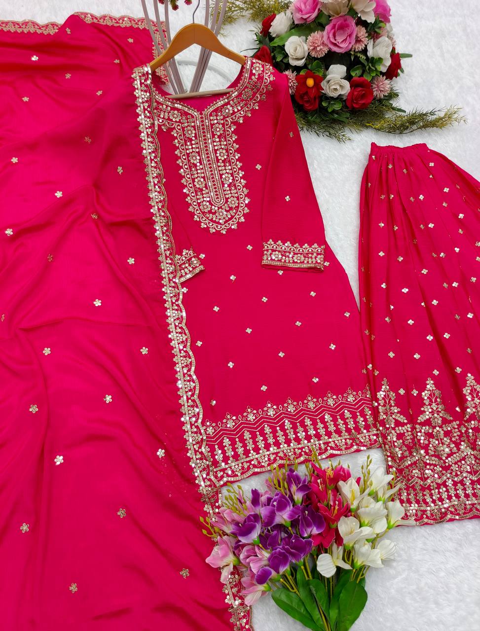 Stunning Embroidery Work Pink Color Sharara Suit