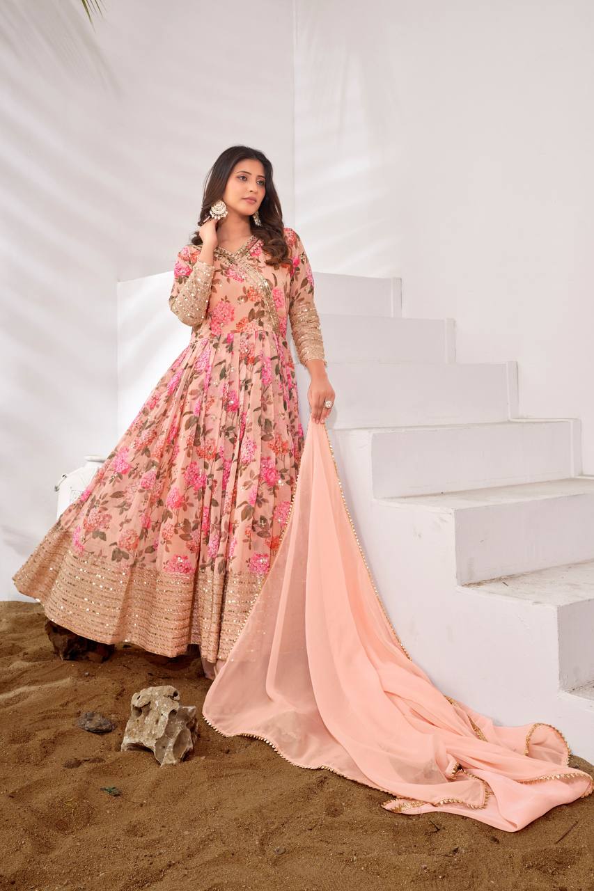 Stylish Peach Color Embroidery Sequence Work Gown