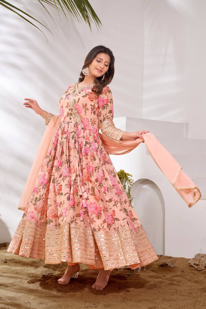 Stylish Peach Color Embroidery Sequence Work Gown