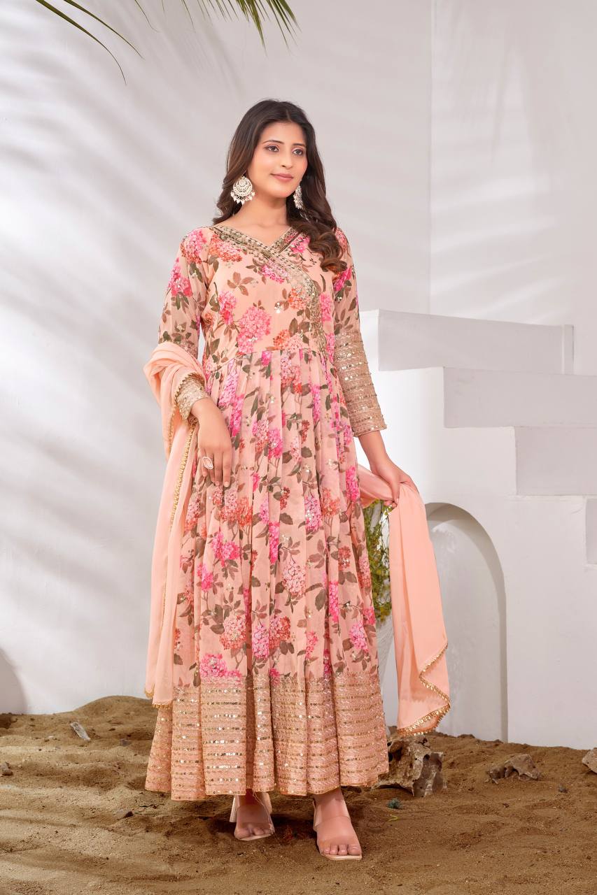 Stylish Peach Color Embroidery Sequence Work Gown